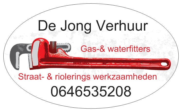 Logo van De Jong Verhuur BV – specialist in gas-, water- en rioleringswerkzaamheden binnen de infrabouwsector, met rood pijpsleutelicoon en contactinformatie.